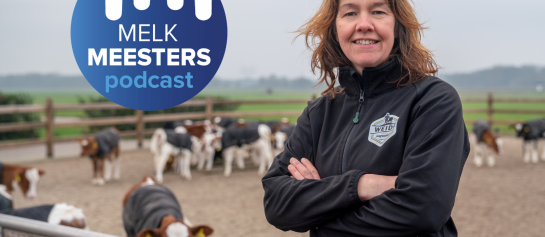 Jennie Polinder voor de kalveren op het kalverstrand met het Melkmeesters podcast logo