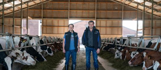 Melkveehouders Johan en Willem Loonen op de voergang bij Boerderij de Boterpot met DeLaval VMS Batch Milking