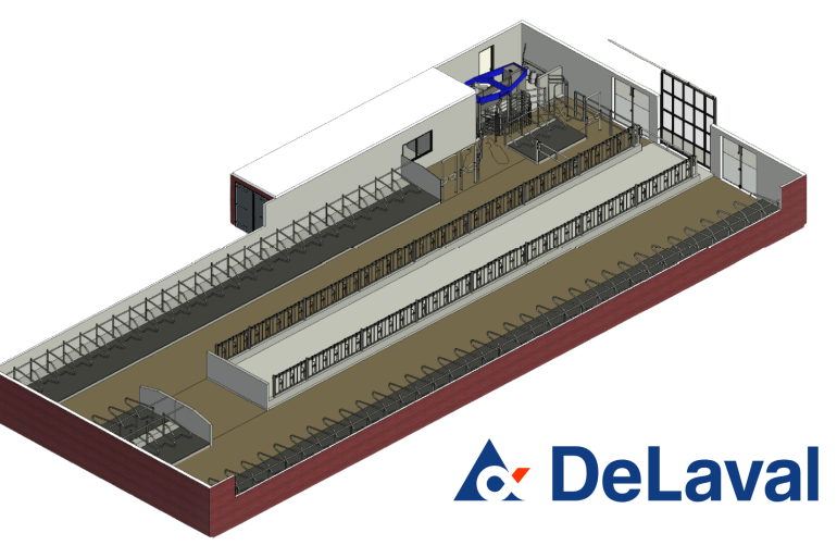 3D staltekening van melkveehouder Kasper van Beek, waarbij de DeLaval VMS melkrobot buiten de stalmuren van de ruim 40 jaar oude 1+1 stal is geplaatst en er een ruim plein/overgang is gecreeërd voor de koeien