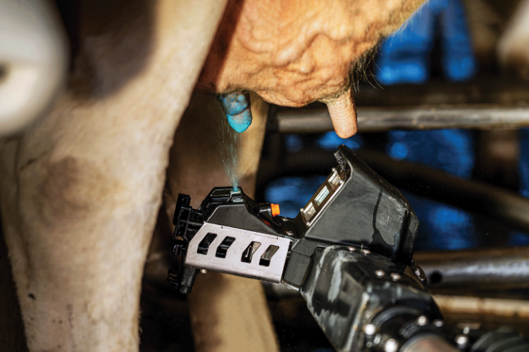 Spenen die gesprayd worden met DeLaval OceanBlu Spray in de DeLaval VMS V300 melkrobot