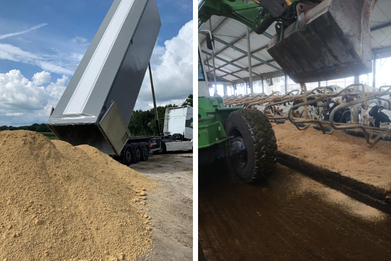 Instrooien en lossen van het maatwerk stalstrooisel.