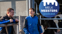 Melkveehouder Loonen met vertegenwoordiger voor het Batch Milking plein met koeien