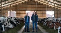 Melkveehouders Johan en Willem Loonen op de voergang bij Boerderij de Boterpot met DeLaval VMS Batch Milking